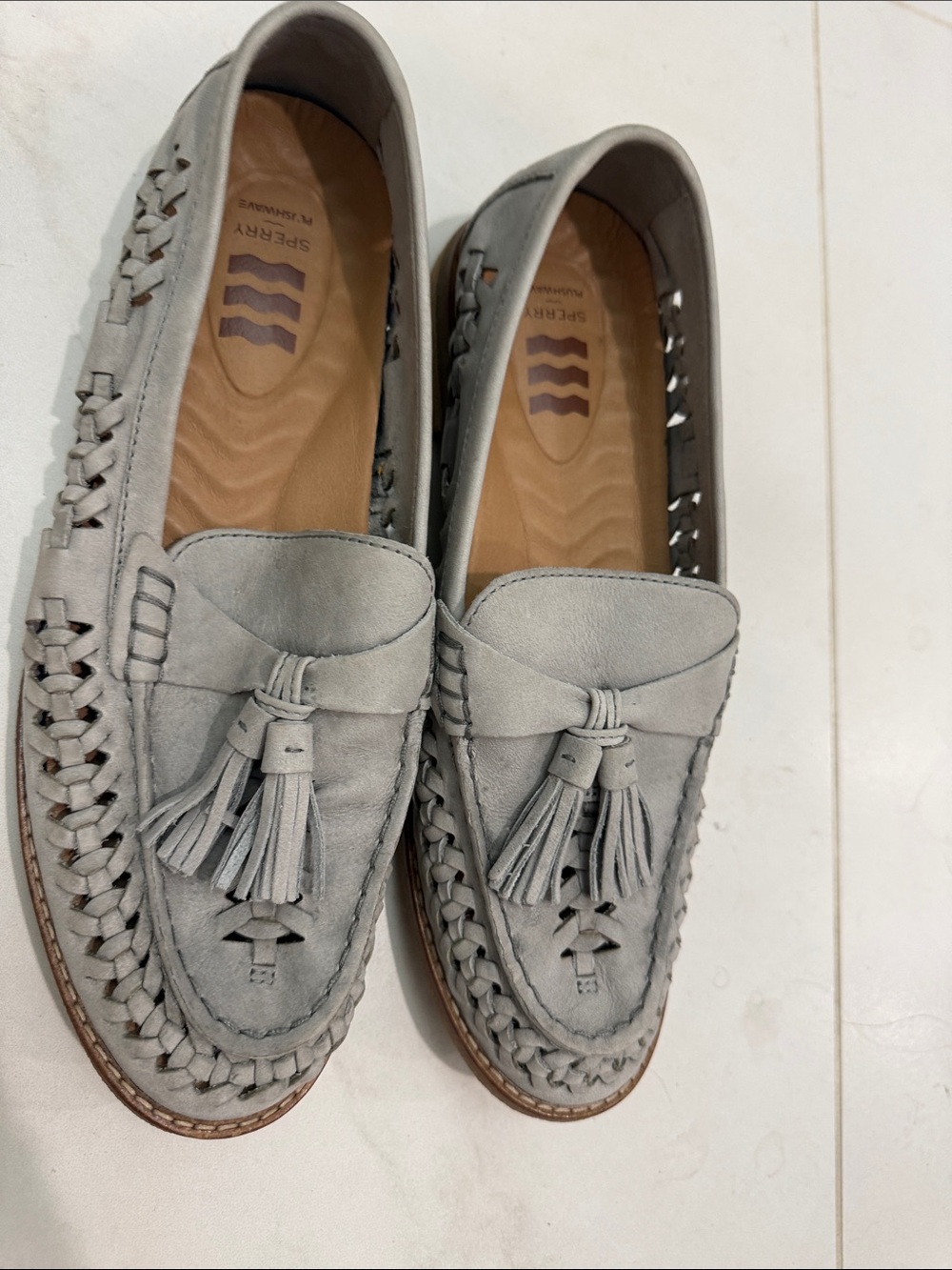 Sperry Women’s Light Gray Seaport Woven   Tassel Loafers with PlushWave Insole
